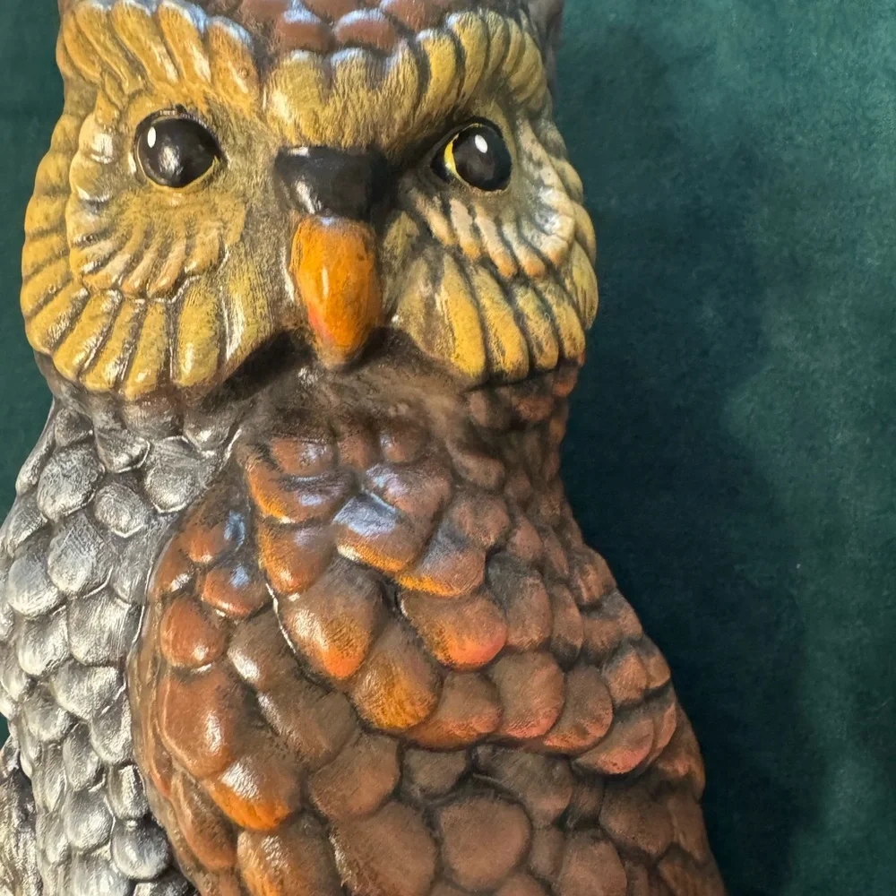 Handcrafted Owl Bird Ceramic Figurine - Brown and Gray authentic vintage 1980s